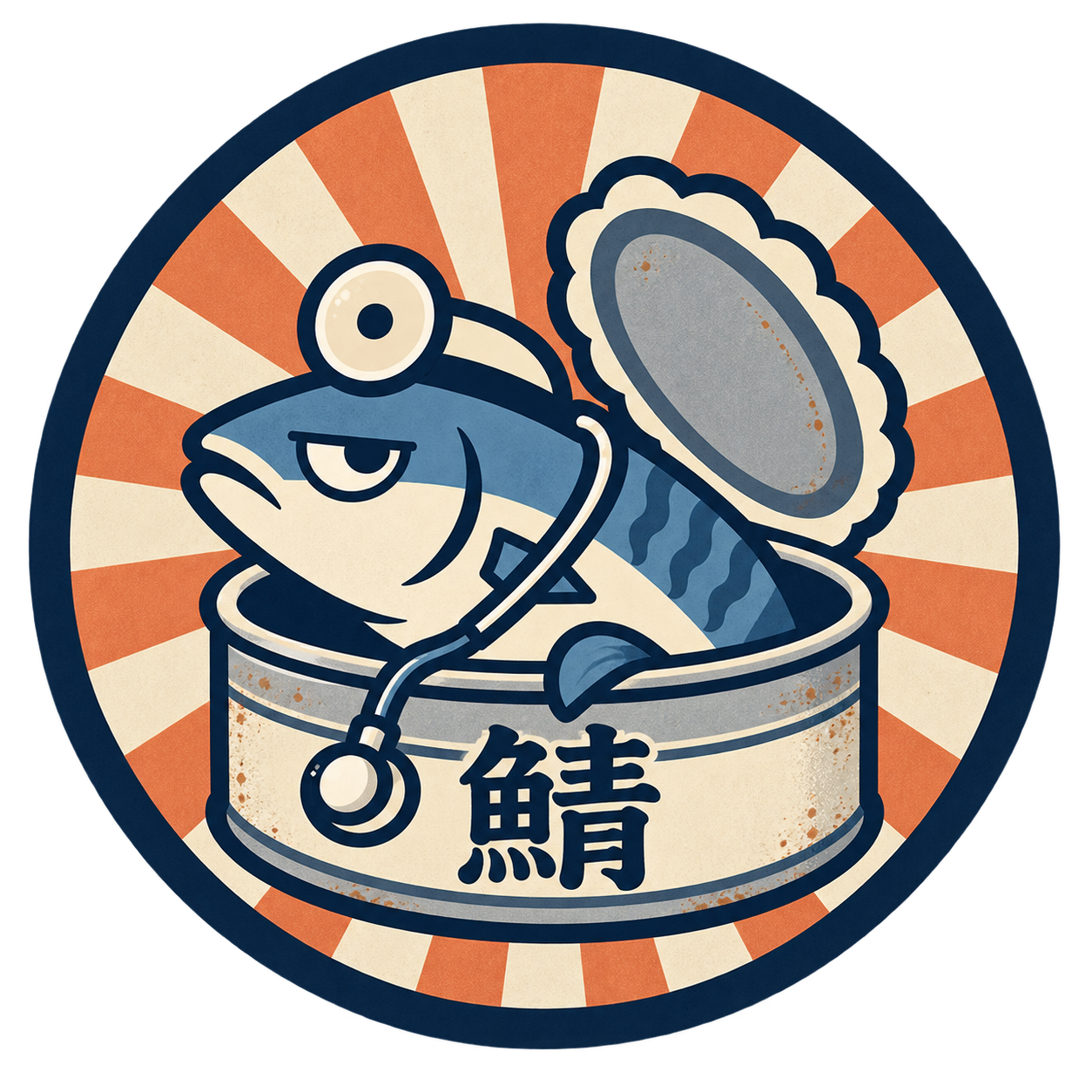 鯖缶から顔を出した鯖が聴診器を身につけたSABA-CANロゴ